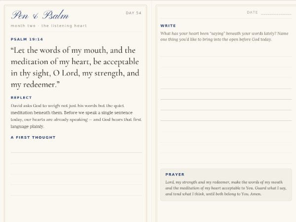 Design study of a Pen & Psalm journal spread — the day's psalm on the left page, ruled space to write on the right