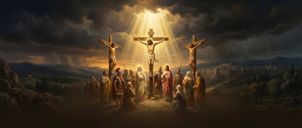 Classical painting of the Crucifixion — daily scene art in the Pen & Psalm Bible journaling app