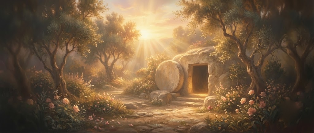 Classical painting of the empty tomb at dawn on Easter morning — daily scene art in the Pen & Psalm Bible journaling app