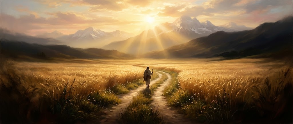 Classical painting of a pilgrim walking toward the mountains — daily scene art in the Pen & Psalm Bible journaling app